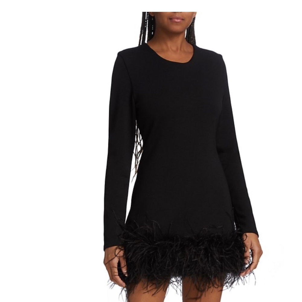 Lamarque Bahira Feather-Trim Minidress. Black mini dress with fur.
